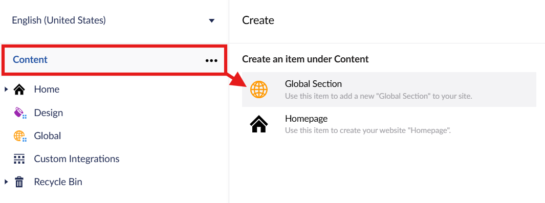 The content tree with Content highlighted