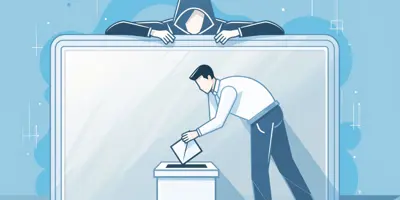 An illustration of a man dropping an envelope into a box, but a hooded character is peering over a barrier.