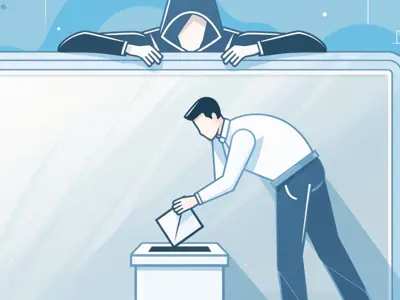 An illustration of a man dropping an envelope into a box, but a hooded character is peering over a barrier.
