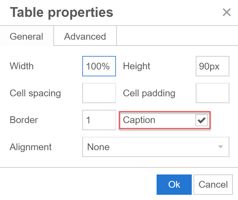 Table properties dialogue with the caption box highlightes