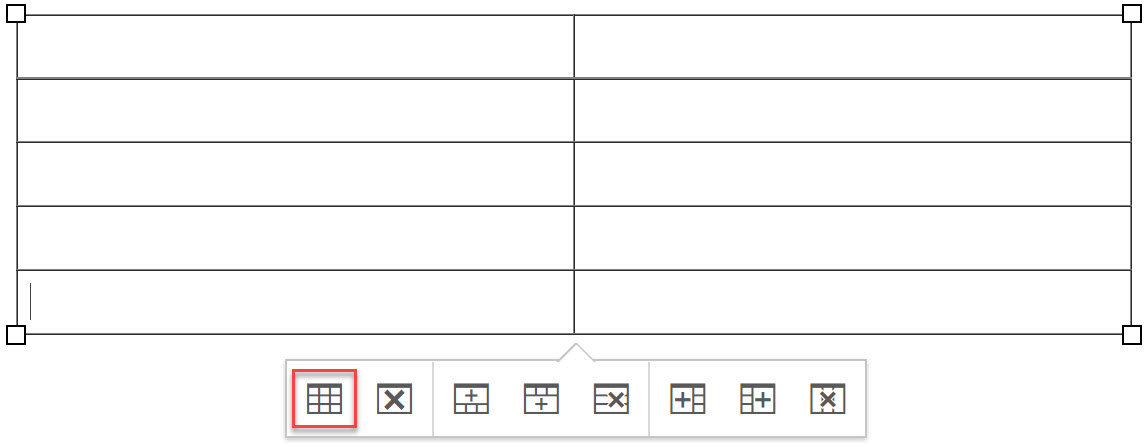 Table control panel with the table properties box highlighted