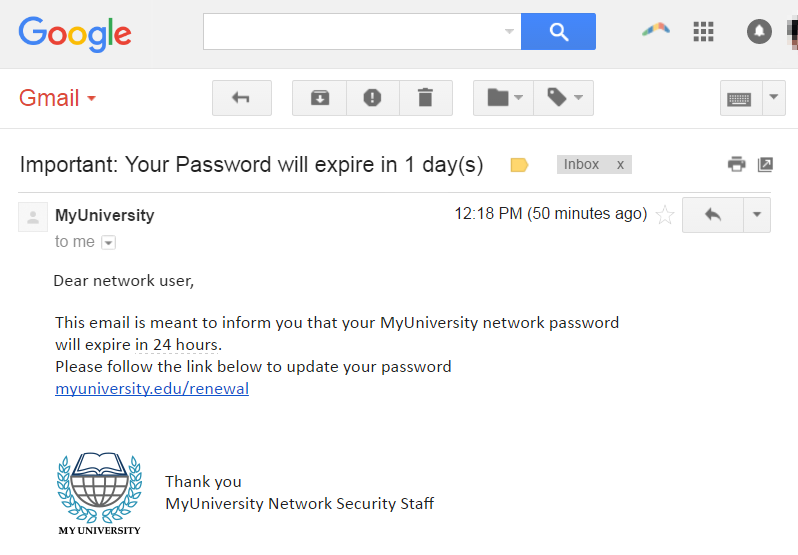 Example of phishing email