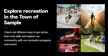 Example of split component with text about recreation programs on the left side and images on the right side of a surfer, skateboarder, runners and theatre