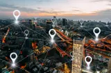 cityscape with pin locations of businesses